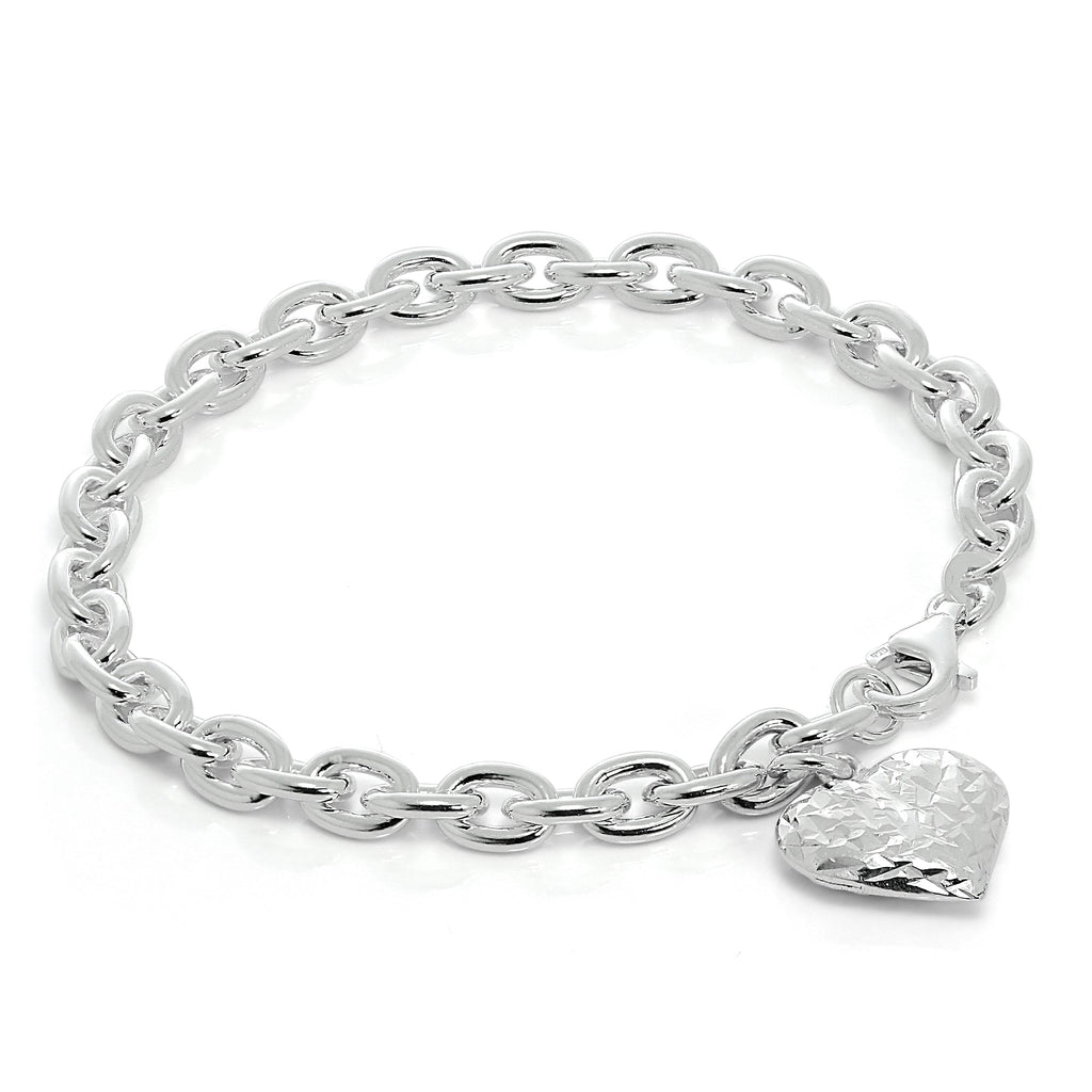 Kräftiges Bettelarmband aus Sterlingsilber mit diamantiertem gewölbtem Herz-Charm