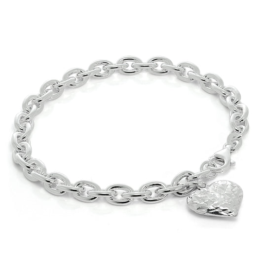 Schwer Sterlingsilber Anhänger Armband mit Diamantschliff Geschwollenes Herz Anhänger