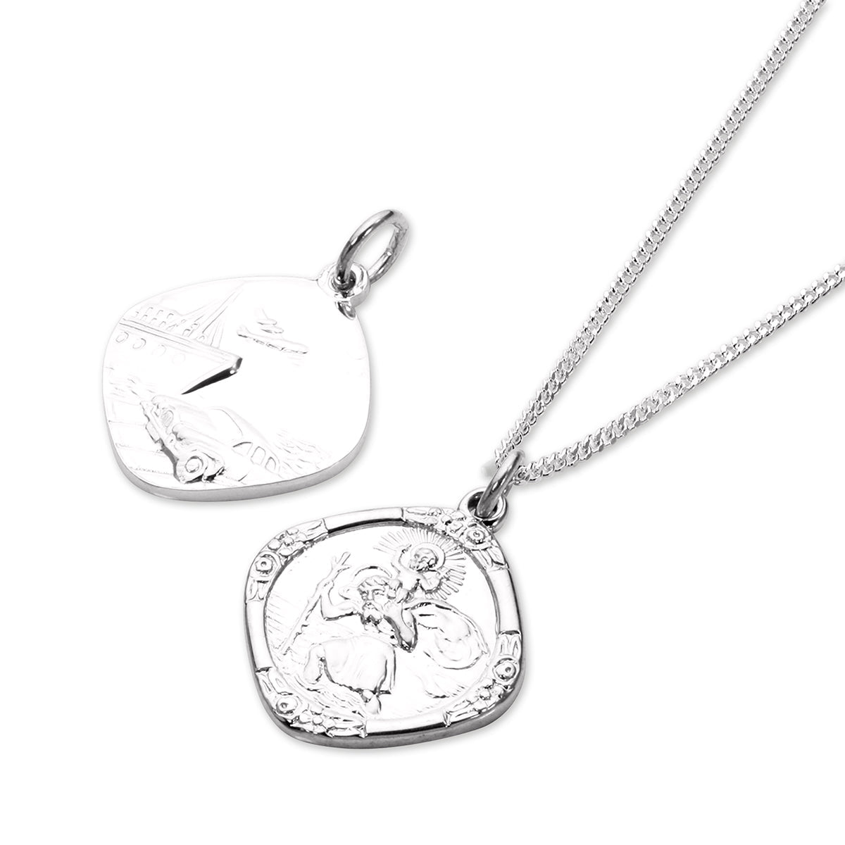 Halskette aus Sterlingsilber mit mittelgroßem, wendbarem, quadratischem St.-Christophorus-Anhänger, 40–56 cm