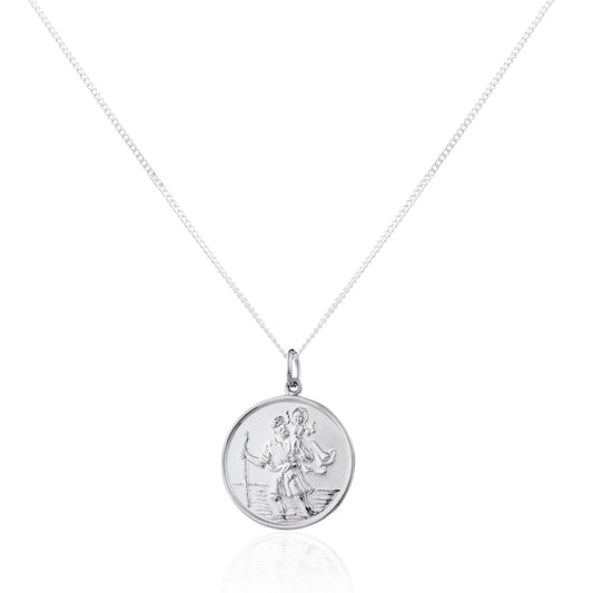 Großer runder Anhänger „Heiliger Christophorus“ aus Sterlingsilber – 16–24 Zoll