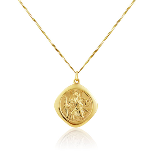 9ct Gold Large Reversible Square Saint Christopher Pendant - 16 - 20 Inches