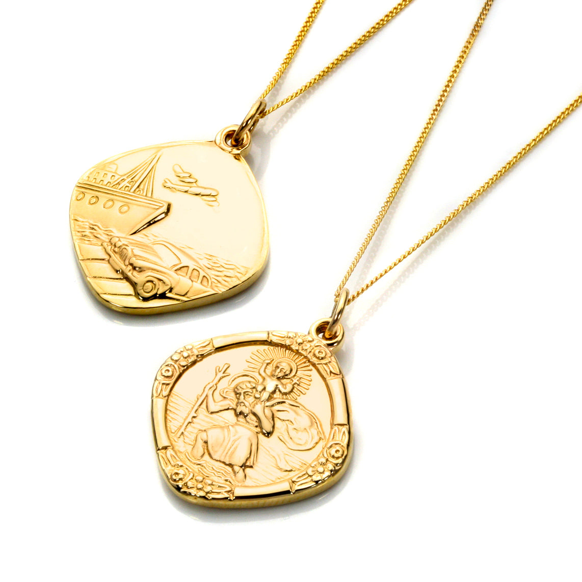 Mittlerer, beidseitig tragbarer Anhänger mit Heiligen Christophorus aus 9 Karat Gold – 16–18 Zoll