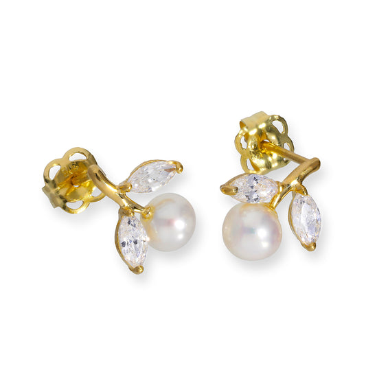 9 Karat Gold & Perle Blume mit CZ Kristall Blättern Ohrstecker