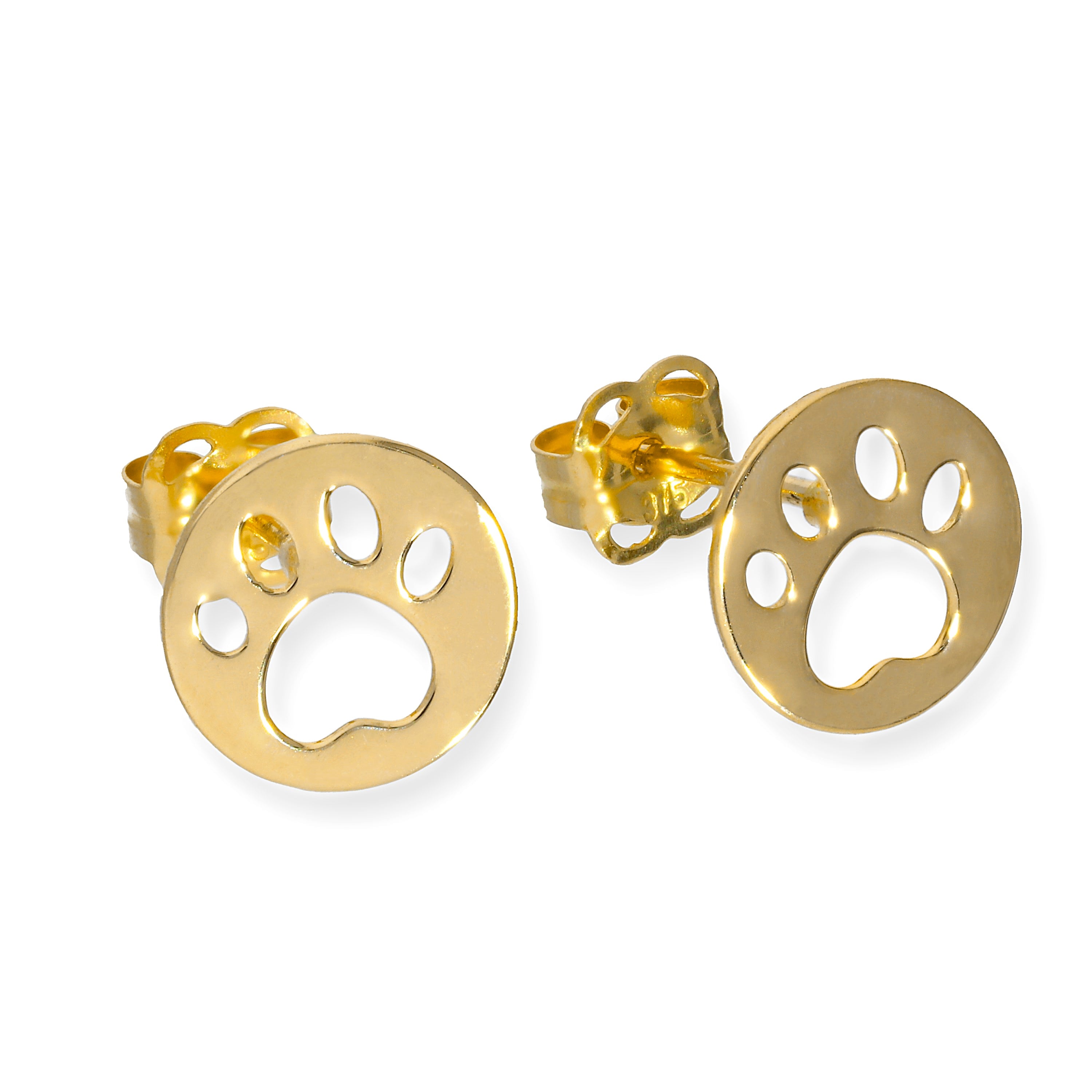  9 Karat Gold Rund Ohrstecker mit Ausgeschnittenem Tierpfotenabdruck