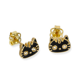 9 Karat Gold Schwarz Emaille & Klar CZ Kristall Katzengesicht Ohrstecker