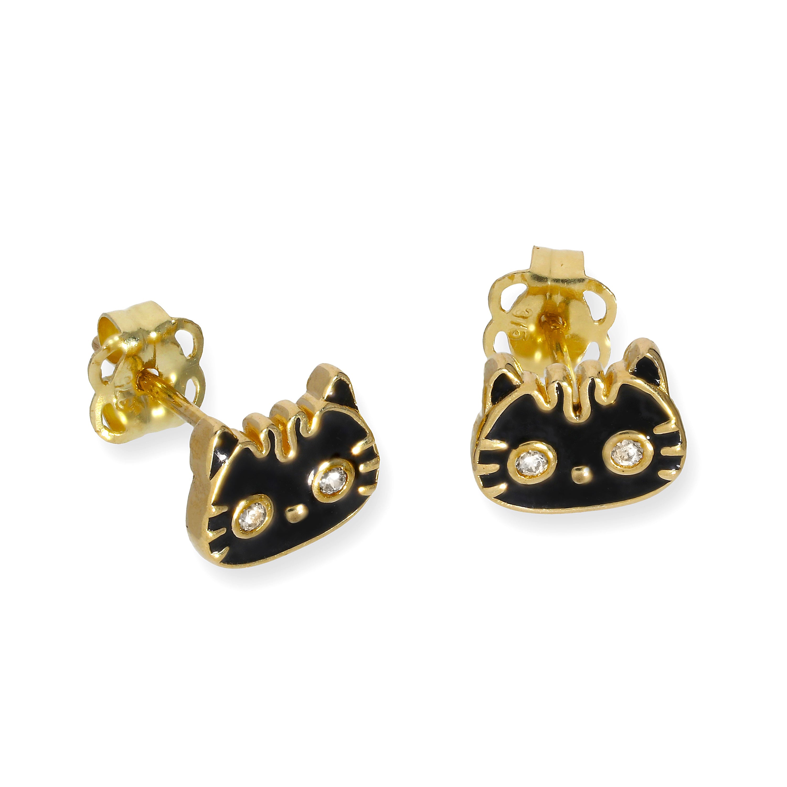 9 Karat Gold Schwarz Emaille & Klar CZ Kristall Katzengesicht Ohrstecker