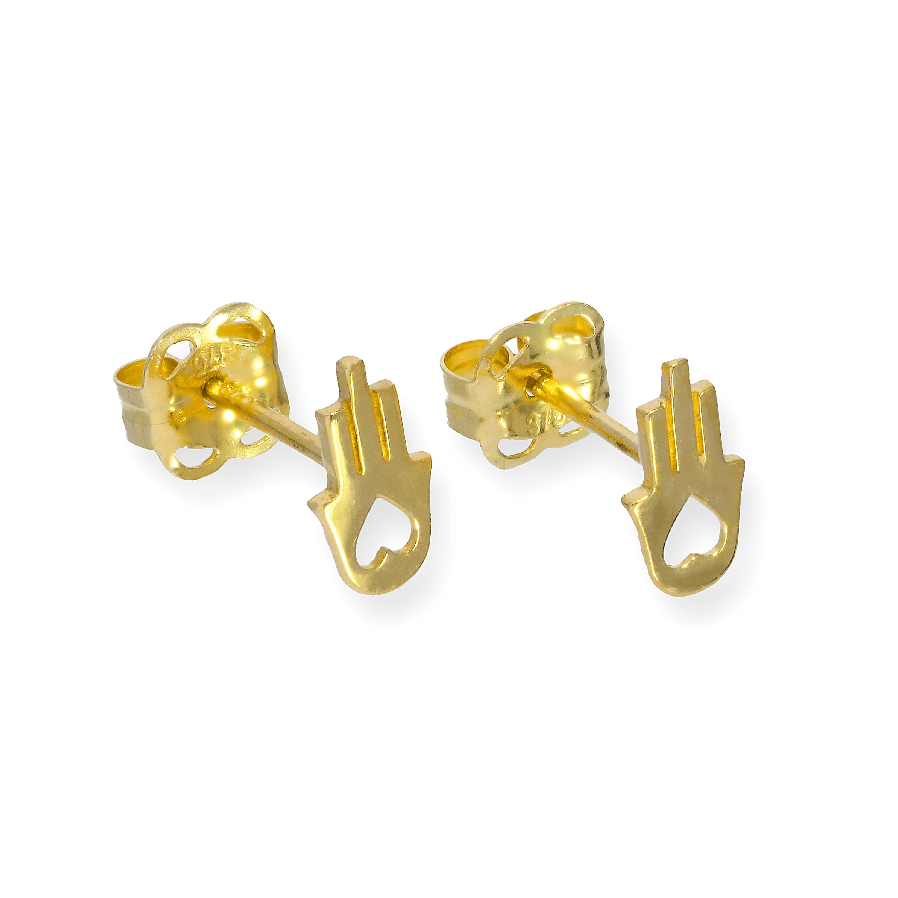 9 Karat Gold Hamsa Hand mit Ausgeschnittenem Herz Ohrstecker