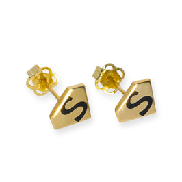 9 Karat Gold & Schwarzer Emaille S Schild Ohrstecker