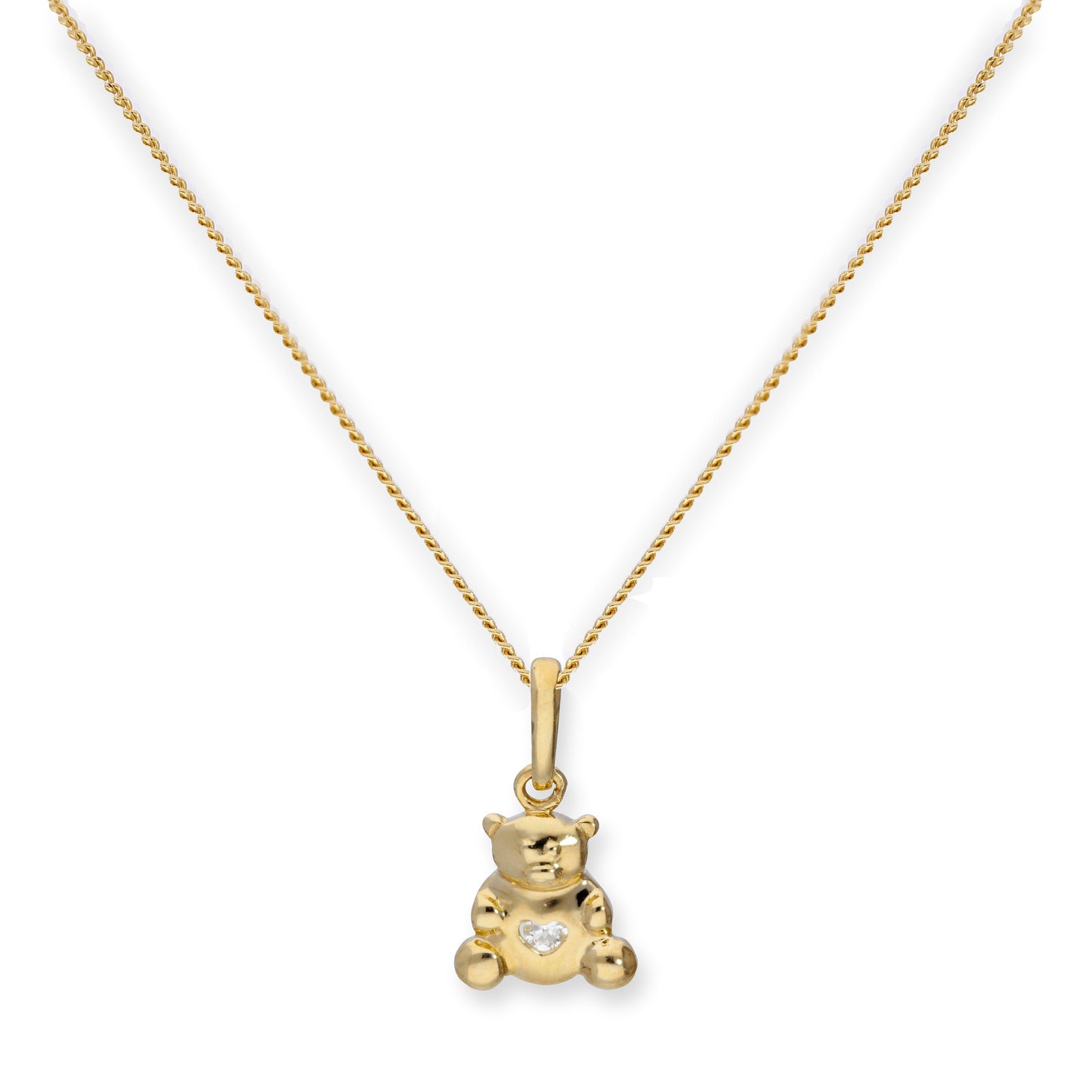 Halskette aus 9 Karat Gold mit Teddybär und klarem CZ-Kristallherz-Anhänger, 16–20 Zoll