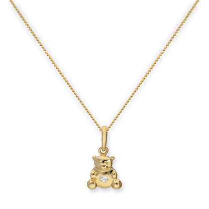 Halskette aus 9 Karat Gold mit Teddybär und klarem CZ-Kristallherz-Anhänger, 16–20 Zoll