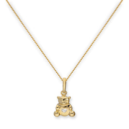 Halskette aus 9 Karat Gold mit Teddybär und klarem CZ-Kristallherz-Anhänger, 16–20 Zoll