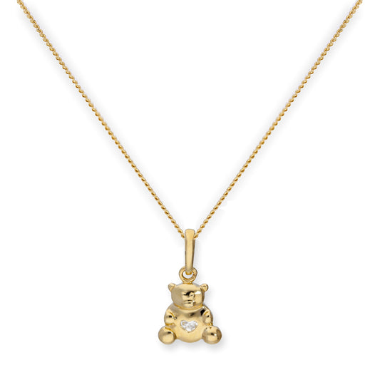 Halskette aus 9 Karat Gold mit Teddybär und klarem CZ-Kristallherz-Anhänger, 16–20 Zoll