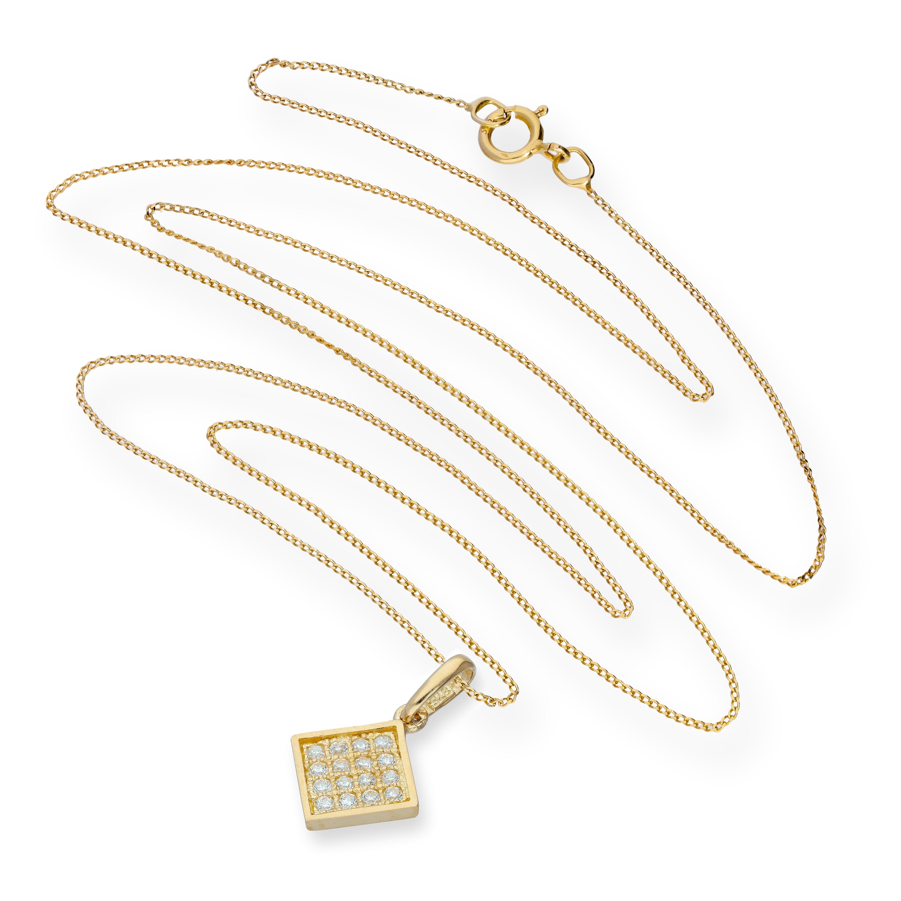 Halskette mit flachem quadratischem Anhänger aus 9 Karat Gold und klarem Zirkonia, 16–20 Zoll