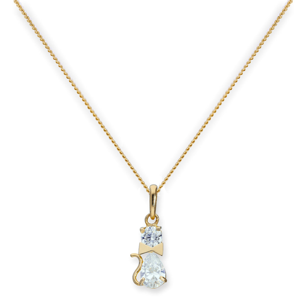 Halskette mit Anhänger aus 9 Karat Gold und klarem Zirkonia-Katzenmotiv mit Schleifenhalsband, 40–50 cm