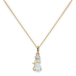Halskette mit Anhänger aus 9 Karat Gold und klarem Zirkonia-Katzenmotiv mit Schleifenhalsband, 40–50 cm