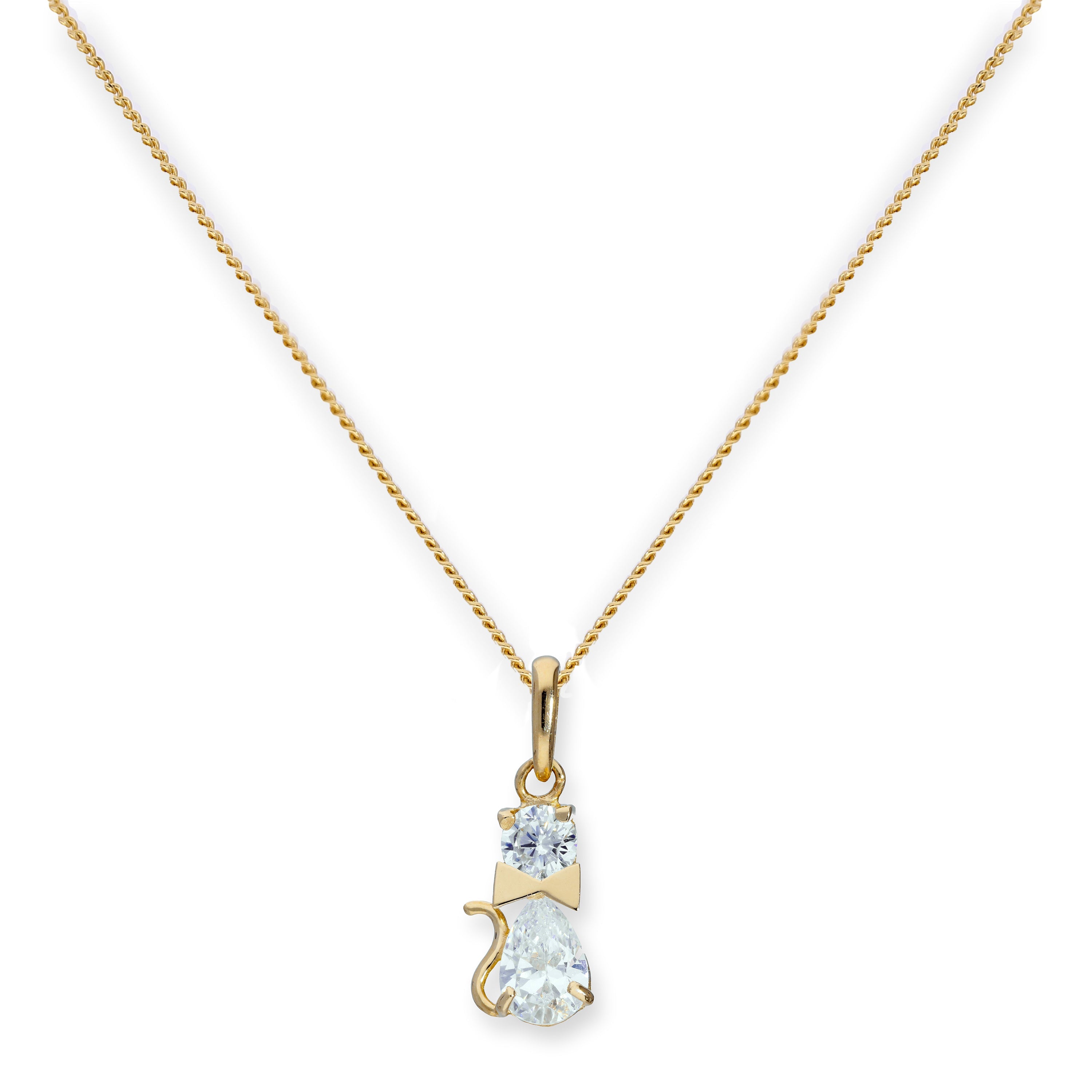 Halskette mit Anhänger aus 9 Karat Gold und klarem Zirkonia-Katzenmotiv mit Schleifenhalsband, 40–50 cm