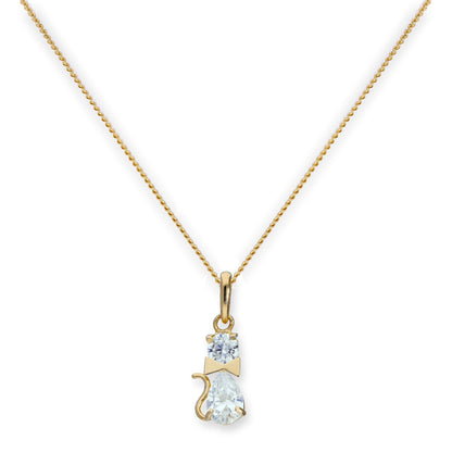 Halskette mit Anhänger aus 9 Karat Gold und klarem Zirkonia-Katzenmotiv mit Schleifenhalsband, 40–50 cm