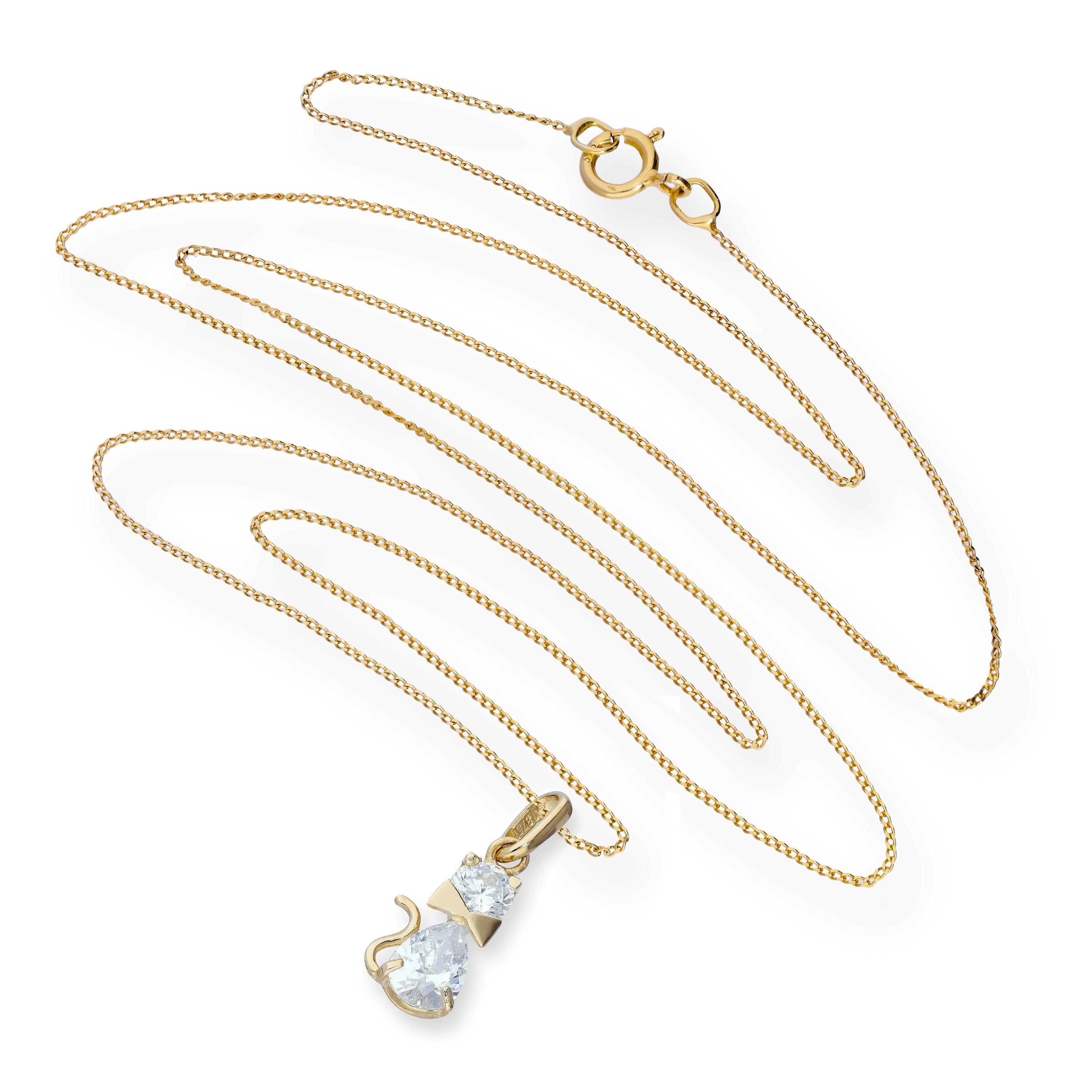 Halskette mit Anhänger aus 9 Karat Gold und klarem Zirkonia-Katzenmotiv mit Schleifenhalsband, 40–50 cm