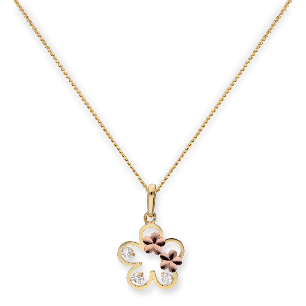 Halskette mit Anhänger aus 9 Karat Gold und klarem CZ-Kristall in Blumenform mit roségoldenen Blumen