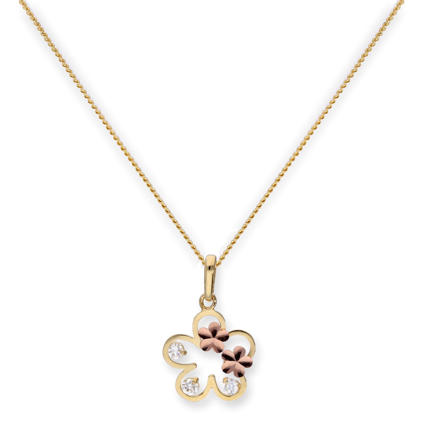 Halskette mit Anhänger aus 9 Karat Gold und klarem CZ-Kristall in Blumenform mit roségoldenen Blumen