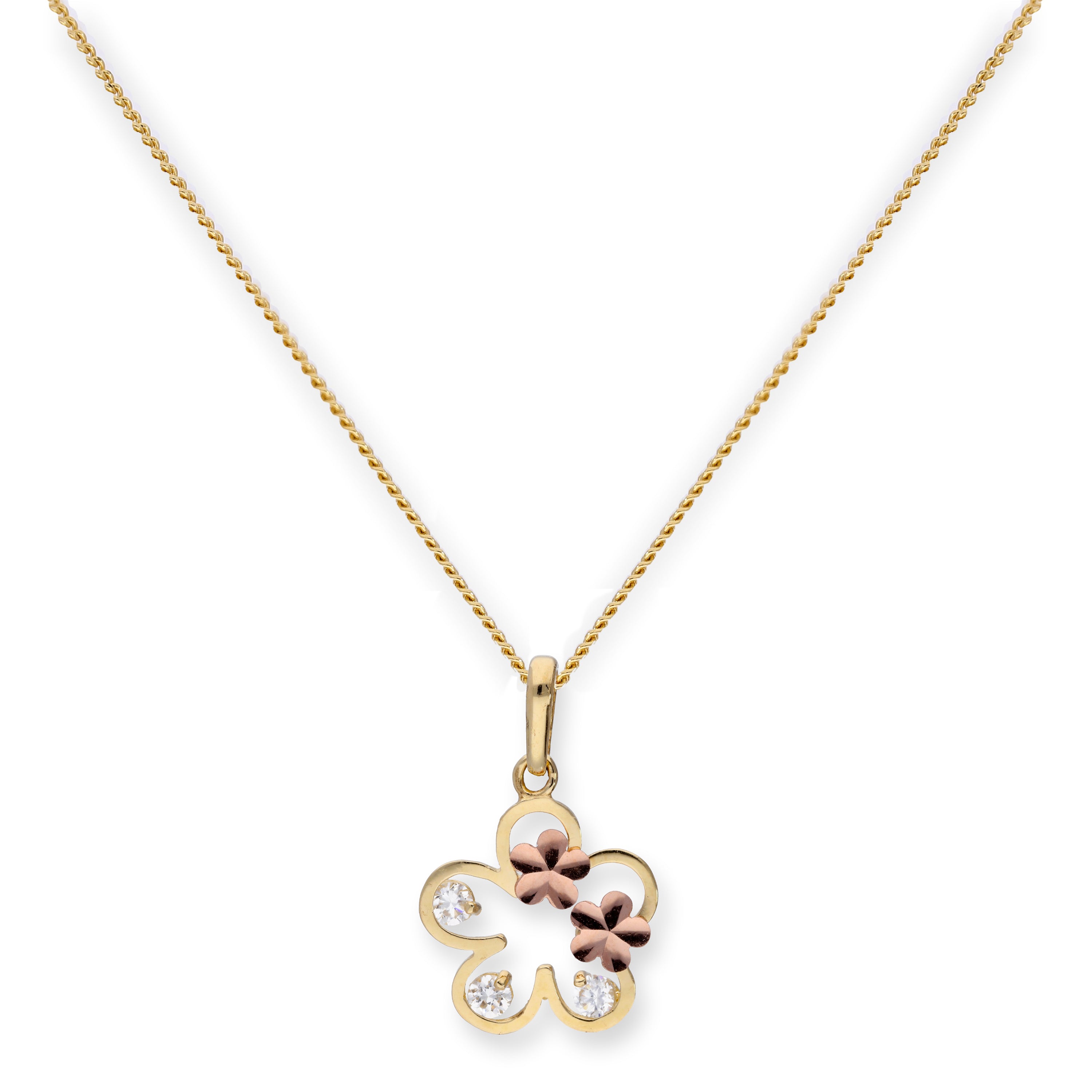 Halskette mit Anhänger aus 9 Karat Gold und klarem CZ-Kristall in Blumenform mit roségoldenen Blumen