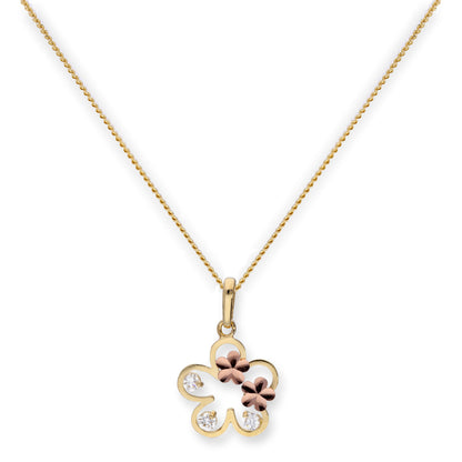 Halskette mit Anhänger aus 9 Karat Gold und klarem CZ-Kristall in Blumenform mit roségoldenen Blumen
