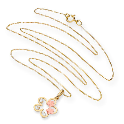 Halskette mit Anhänger aus 9 Karat Gold und klarem CZ-Kristall in Blumenform mit roségoldenen Blumen