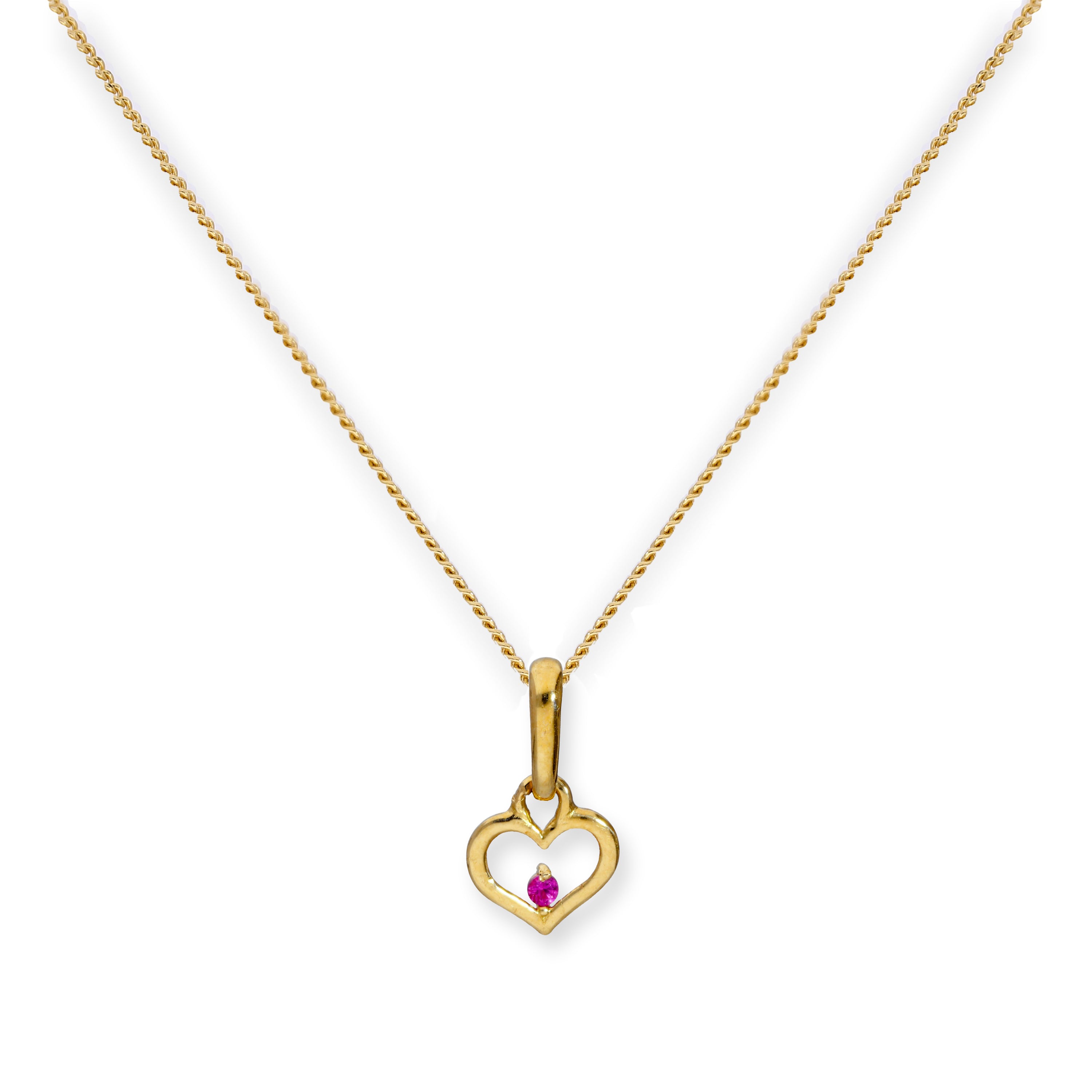 Halskette mit Anhänger aus 9 Karat Gold mit Herzumriss und Rubin-CZ-Kristall 16–20 Zoll