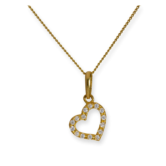 9ct Gold & Clear CZ Crystal Heart Outline Pendant Necklace 16 - 20 Inches