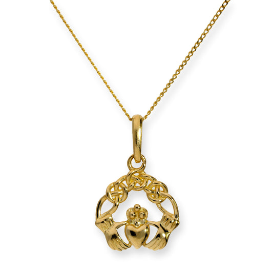 9 Karat Gold-Claddagh-Anhänger, Halskette 16–20 Zoll