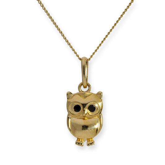 9ct Gold & Black CZ Crystal Owl Pendant Necklace 16 - 20 Inches