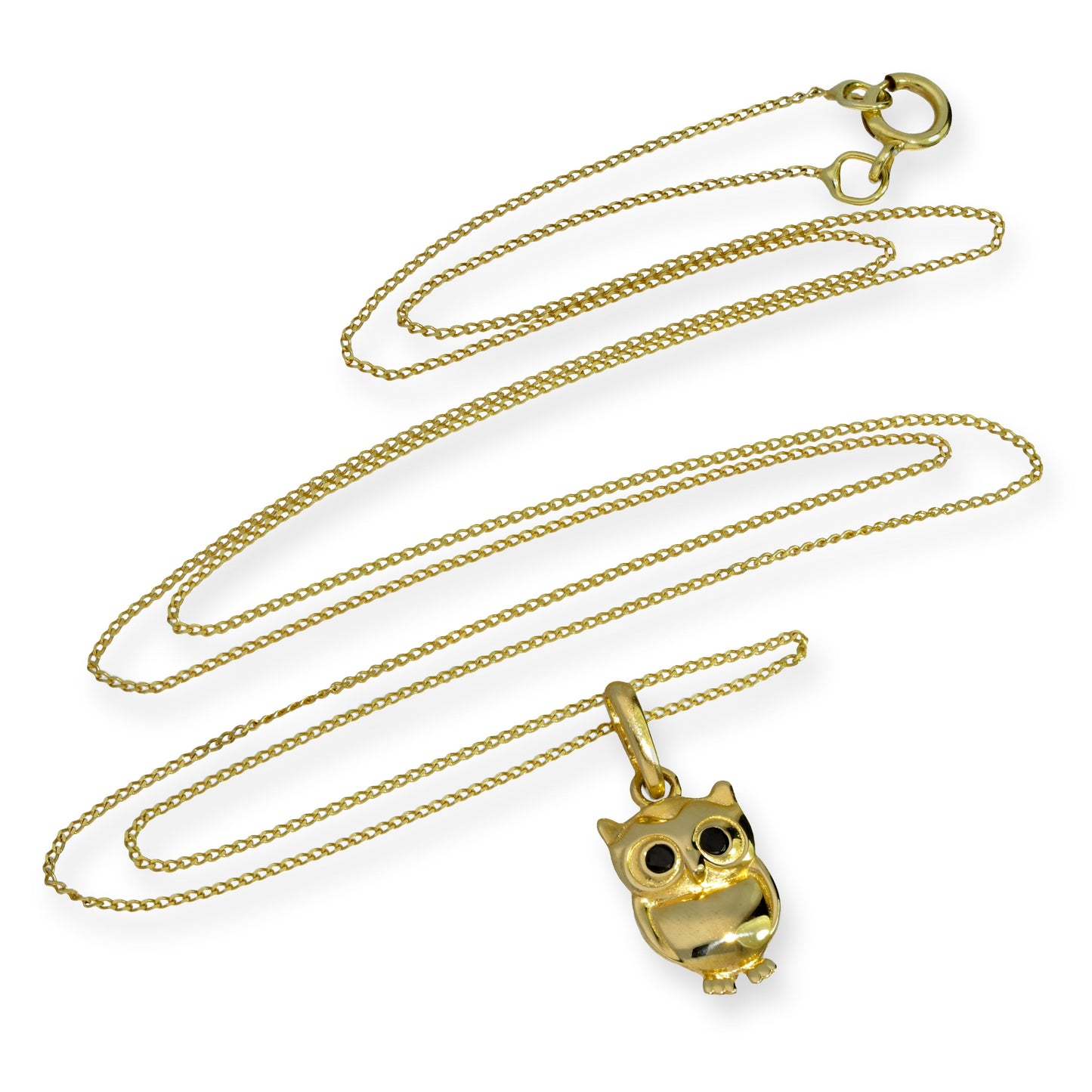 9 Karat Gold & schwarzer CZ-Kristall Eulen-Anhänger Halskette 16 - 20 Zoll