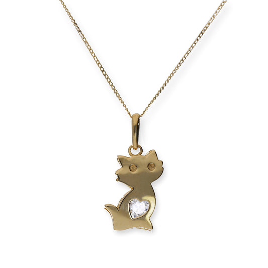 Halskette mit Anhänger aus 9 Karat Gold und klarem Zirkonia-Katzenmotiv, 40–50 cm