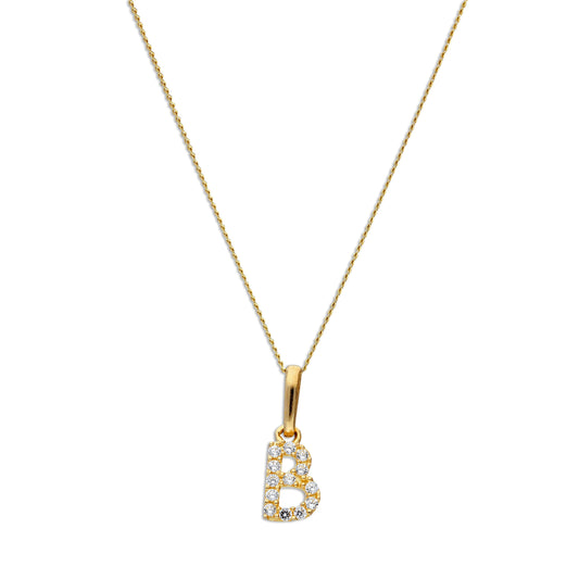 9 Karat Gold & Klar CZ Kristall Hängend Schrift Alphabet Buchstabe B Anhänger an 40,5 - 51cm Kette