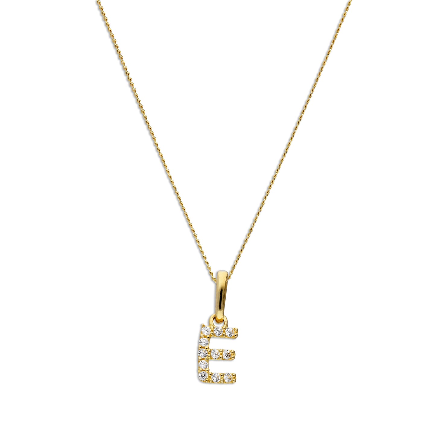 9ct Gold & Clear CZ Crystal Hanging Script Alphabet Letter E Pendant on 16 - 20 Inches Chain