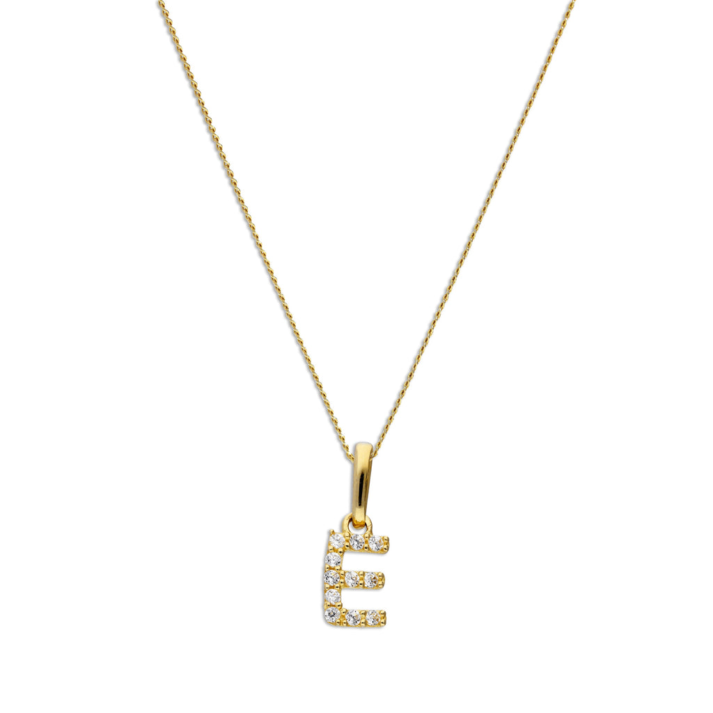 9 Karat Gold & Klar CZ Kristall Hängend Schrift Alphabet Buchstabe E Anhänger an 40,5 - 51 cm Kette