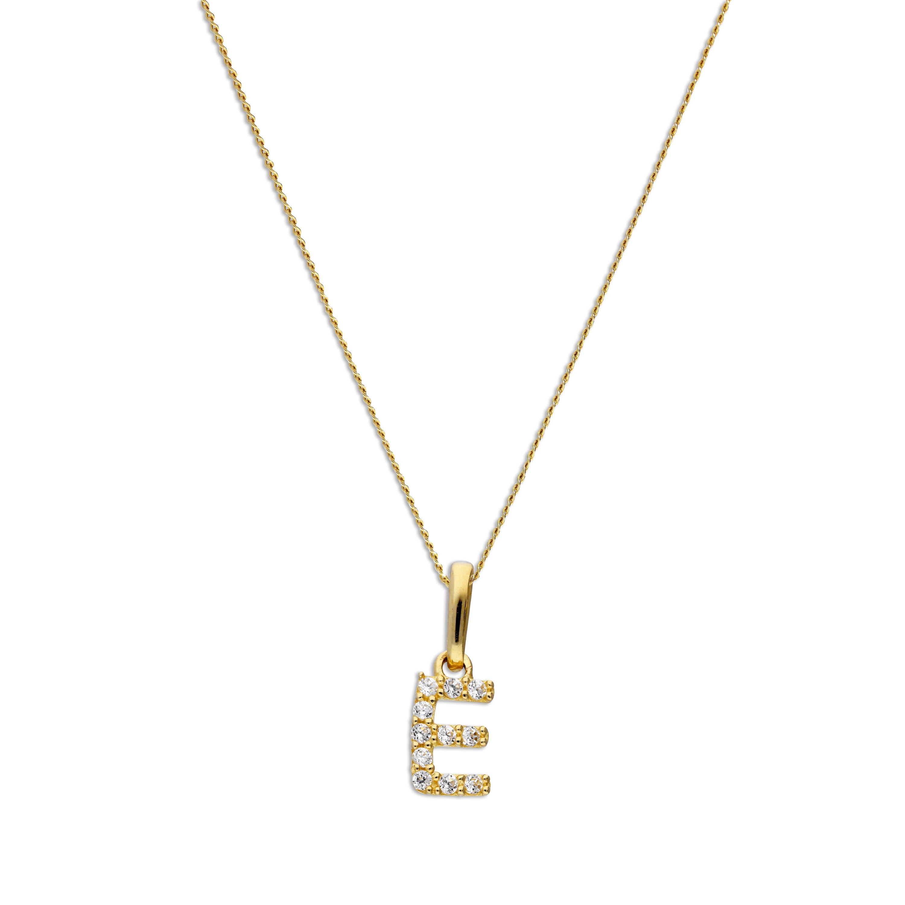 9 Karat Gold & Klar CZ Kristall Hängend Schrift Alphabet Buchstabe E Anhänger an 40,5 - 51 cm Kette