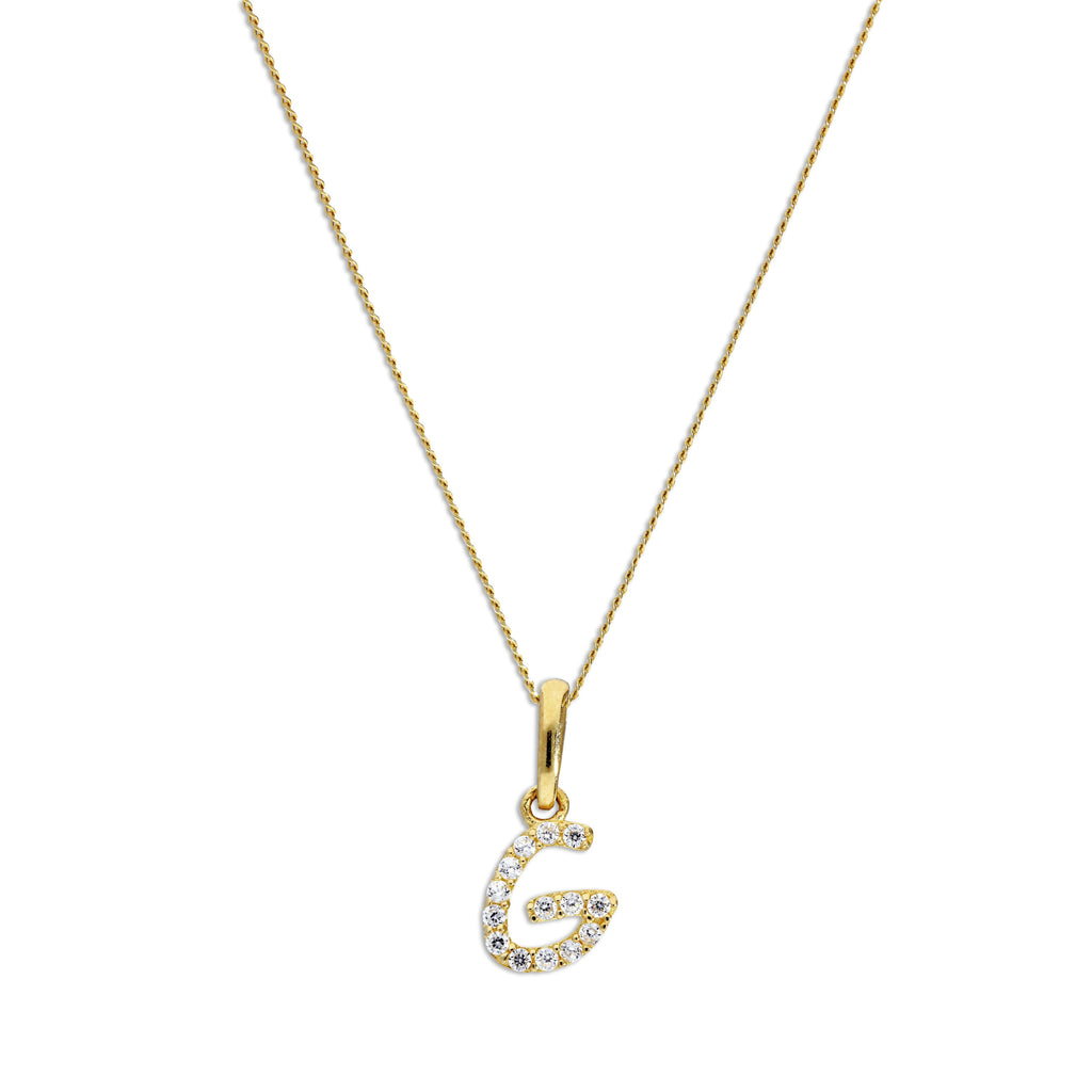 Hängender Schreibschrift-Anhänger Buchstabe G aus 9 Karat Gold mit klarem Zirkonia an Kette, 40 - 50 cm
