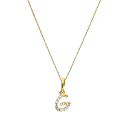 9ct Gold & Clear CZ Crystal Hanging Script Alphabet Letter G Pendant on 16 - 20 Inches Chain