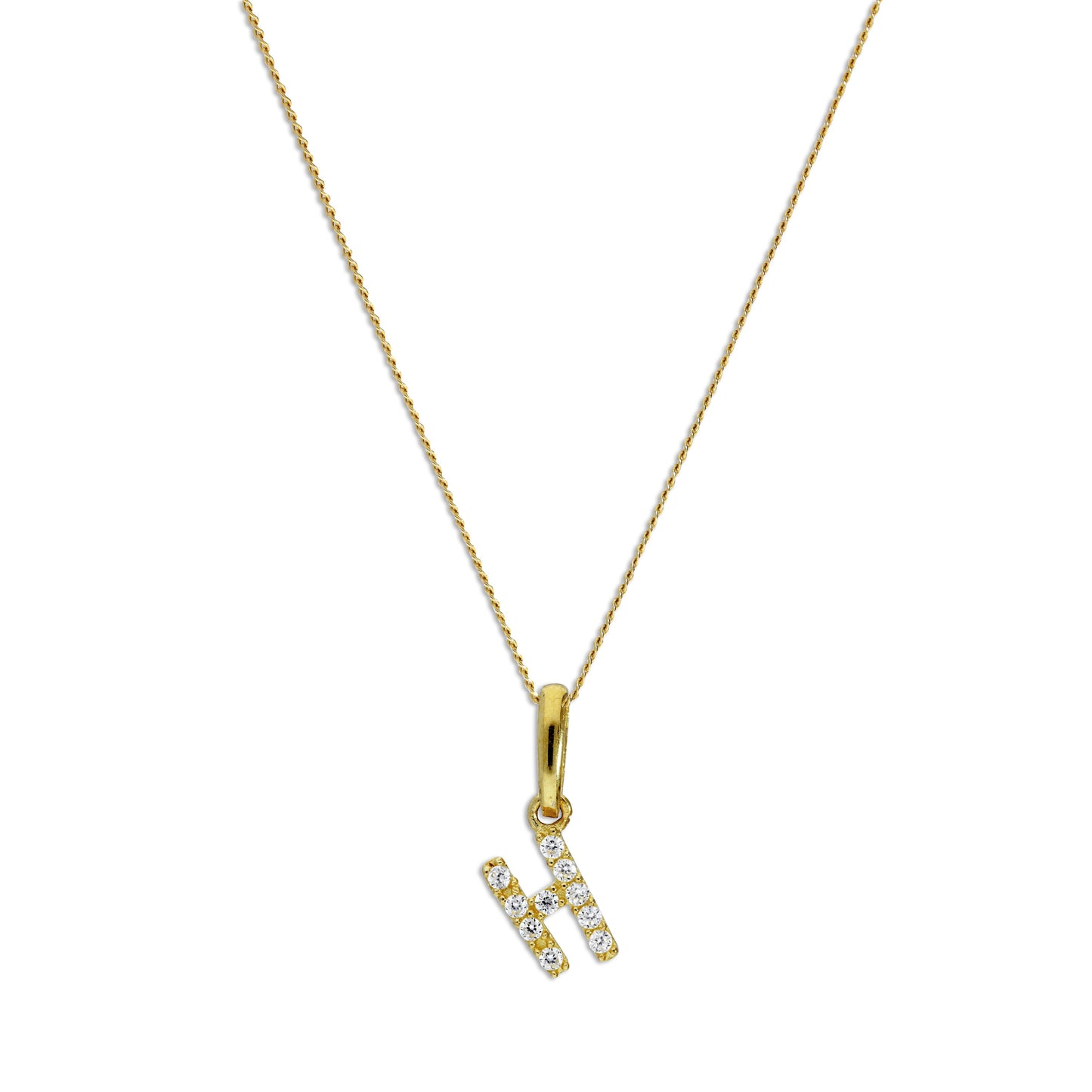 Anhänger aus 9 Karat Gold mit klarem Zirkonia-Kristall in Form eines hängenden Buchstabens H an einer 16–20 Zoll langen Kette