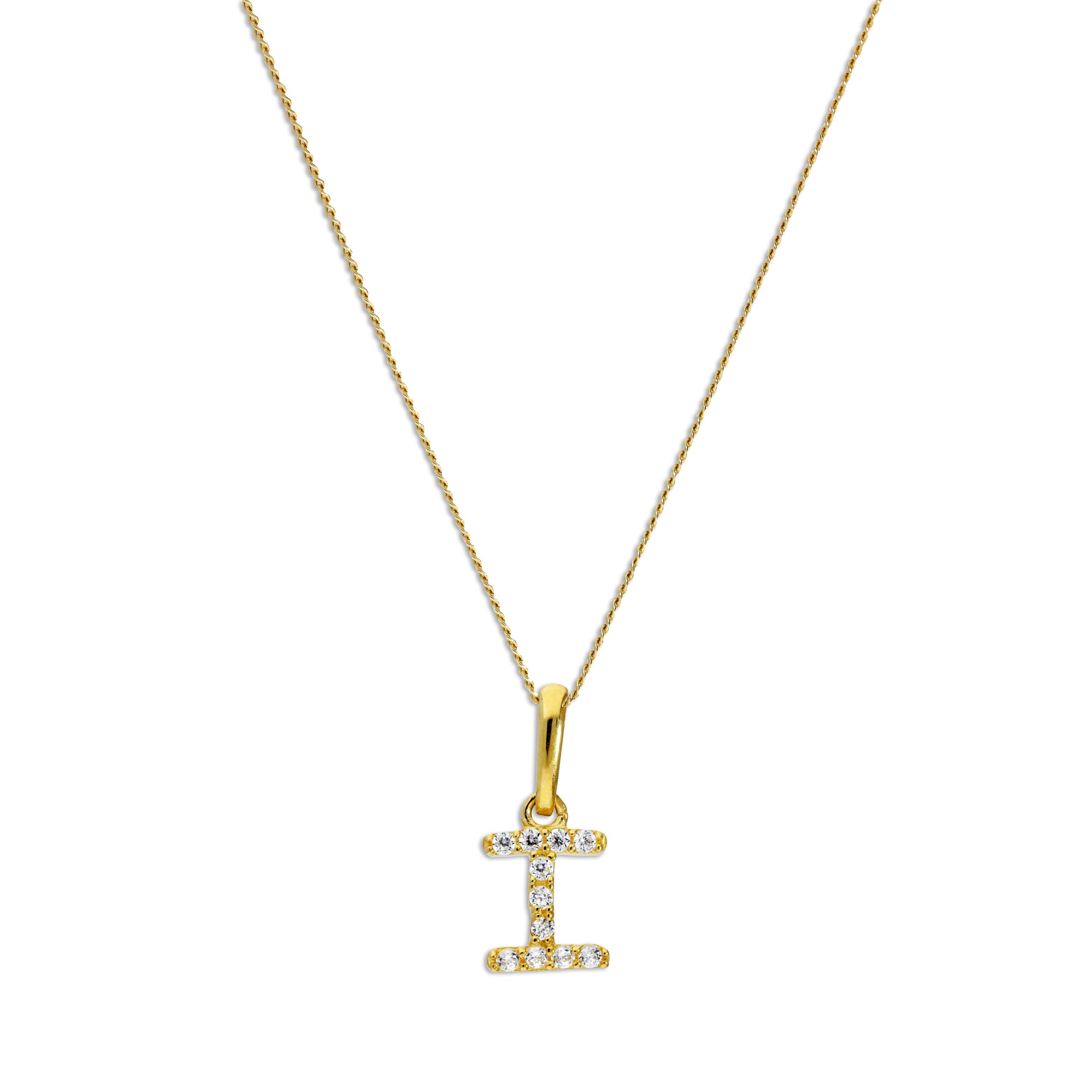 9 Karat Gold & Klar CZ Kristall Hängend Schrift Alphabet Buchstabe I Anhänger an 40,5 - 51 cm Kette