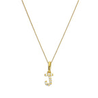Hängender Schreibschrift-Anhänger Buchstabe J aus 9 Karat Gold mit klarem Zirkonia an Kette, 40 - 50 cm