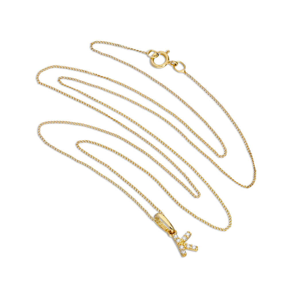 Hängender Schreibschrift-Anhänger Buchstabe K aus 9 Karat Gold mit klarem Zirkonia an Kette, 40 - 50 cm