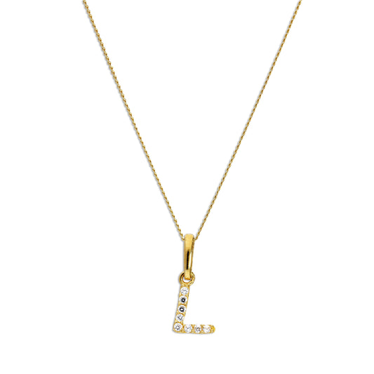 9ct Gold & Clear CZ Crystal Hanging Script Alphabet Letter L Pendant on 16 - 20 Inches Chain