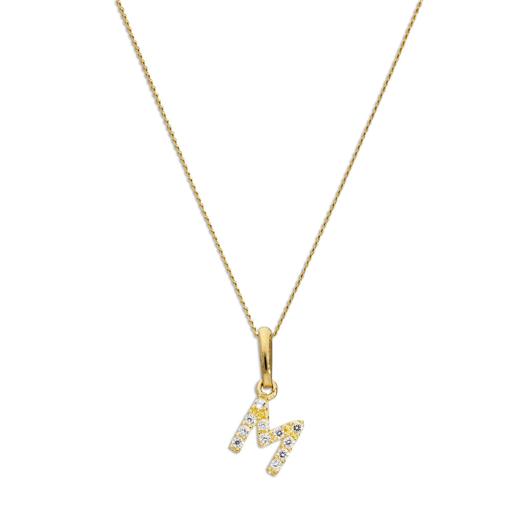 Hängender Schreibschrift-Anhänger Buchstabe M aus 9 Karat Gold mit klarem Zirkonia an Kette, 40 - 50 cm