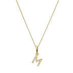 Hängender Schreibschrift-Anhänger Buchstabe M aus 9 Karat Gold mit klarem Zirkonia an Kette, 40 - 50 cm