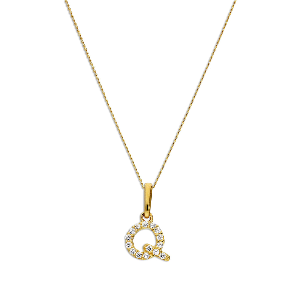 9 Karat Gold & Klar CZ Kristall Hängend Schrift Alphabet Buchstabe Q Anhänger an 40,5 - 51 cm Kette