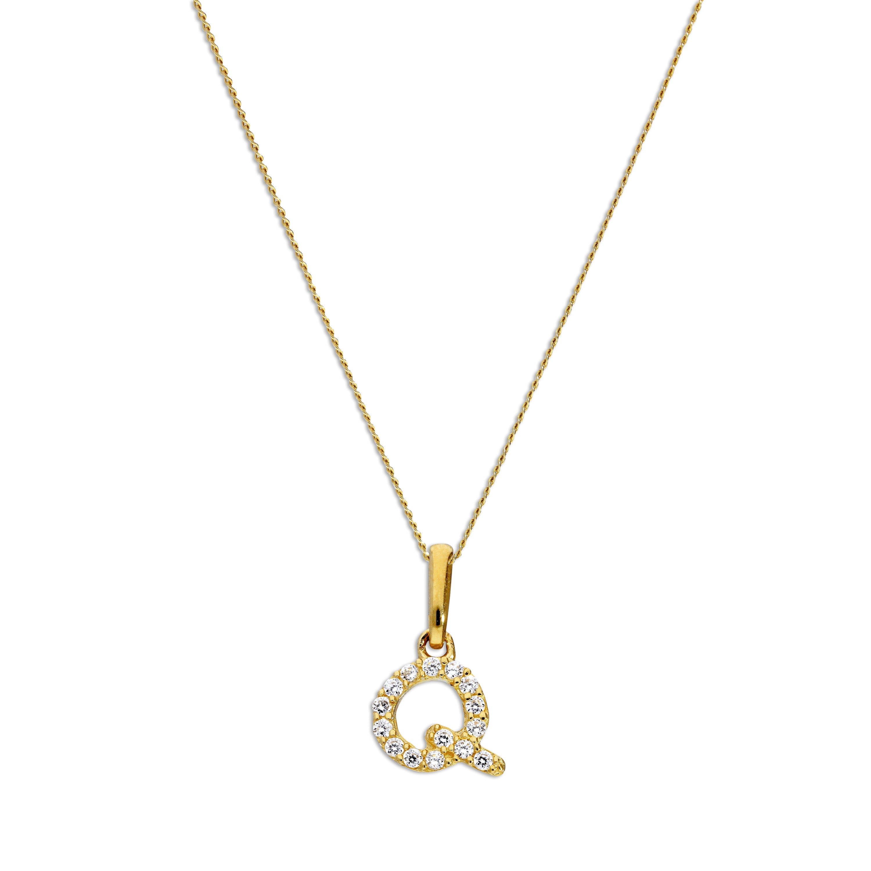 9 Karat Gold & Klar CZ Kristall Hängend Schrift Alphabet Buchstabe Q Anhänger an 40,5 - 51 cm Kette