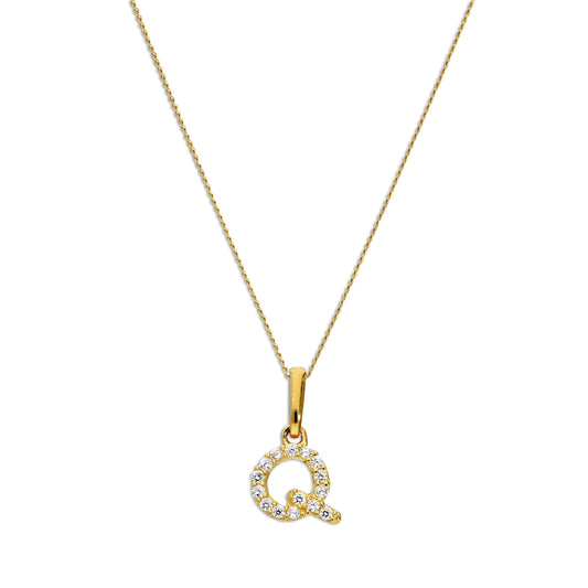 9 Karat Gold & Klar CZ Kristall Hängend Schrift Alphabet Buchstabe Q Anhänger an 40,5 - 51cm Kette