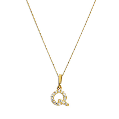 9ct Gold & Clear CZ Crystal Hanging Script Alphabet Letter Q Pendant on 16 - 20 Inches Chain